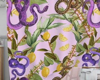 Snake Lemon Shower Curtain - Boho Bathroom Decor, Pink Purple Bathroom, Purple Bathroom Curtain, Citrus Shower Curtain, Nature & Plants