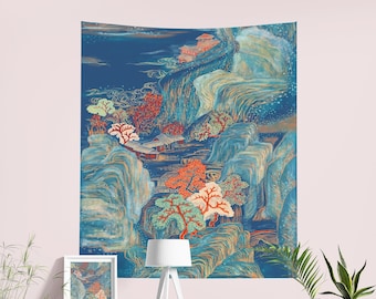 Tapisserie peinture chinoise - tapisserie Nature bleue, tapisserie vintage, art de la chambre à coucher, art de la nature, art asiatique, décoration murale art, art chinois