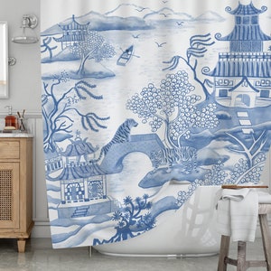 Chinese Painting Shower Curtain, Willow Pattern Curtain, Tiger Bath Curtain, Blue and White Porcelain Asian Bathroom Decor, Chinese Art