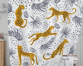 Cheetah Shower Curtain - Leopard Boho Bathroom Decor, Animal Pattern Bathroom Curtain, Gray & Yellow Bath Curtains, Jungle Print Home Decor