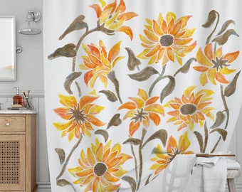 Orange Flower Shower Curtain - Botanical Curtain, Floral Bath Tub Curtain, Sunflowers Curtain, Yellow Bathroom Decor, Mother's Day Gift