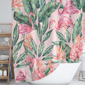 Flamingo Shower Curtain, Bird Shower Curtain, Pink Theme, Bathroom Decor, Flamingo Illustration, Tropical Bath, Pink Bathroom, Unique Gifts