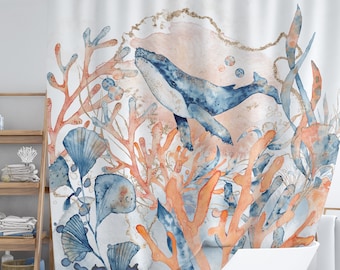 Whale Shower Curtain,Mother's Day Gift, Ocean Decor, Whale Bath Curtain, Blue Bathroom Decor, Coastal Nautical Home Decor, Animal Print