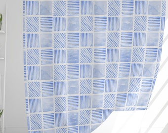 Blue and White Shower Curtain, Watercolor Bath Curtain, Modern Bathroom Decor, Blue Tile Curtain, Blue Bathroom Curtain, Tile Pattern Design