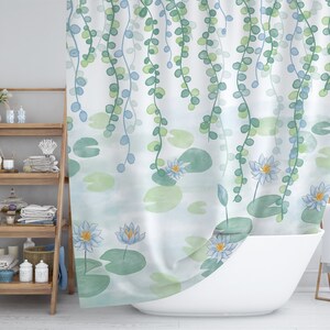 Nature Shower Curtain - Green Leaves Bathroom Decor, Water Lilies Bath Curtains, Watercolor Bathroom Curtain, Flowers & Plants Home Decor