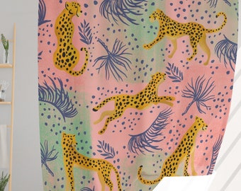Cheetah Shower Curtain - Leopard Boho Bathroom Decor, Animal Pattern Bathroom Curtain, Pink & Green Bath Curtains, Jungle Print Home Decor