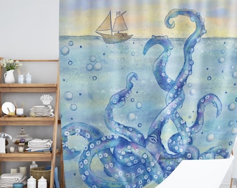 Octopus Shower Curtain, Kids Shower Curtain, Kids Bathroom Decor, Blue Sea Bath Curtain, Boho Home decor, Animal Shower Curtains