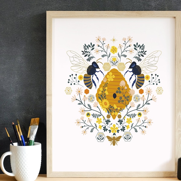 Bee Print- Nature Home Decor, Bees and Honey Art, Bees and Flowers Poster, Honeycomb Art, Bedroom Art,  Beautiful Art, Insect Decor