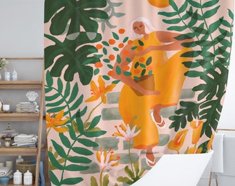 Garden Flowers Shower Curtain - Boho Bathroom Decor, Colorful Pink Bath Curtains, Modern Art Bathroom Curtain, Flowers & Plants Home Decor
