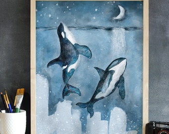 Orca Keller Whale Art Print- Ocean Animal Poster, Whale Print, Bedroom Art,  Nature Art, Watercolor Whale Art, Art Wall Decor