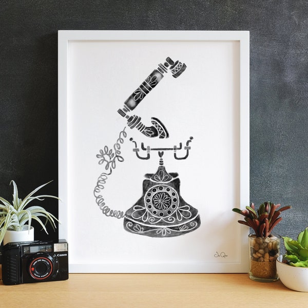 Retro Rotary Phone Print, Vintage Phone Art, Black and White Antique Phone, Mid Century Modern Art, Old Fashion Telephone, Dial Phone Art