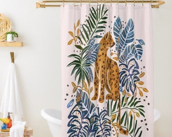 Leopard Shower Curtain - Tropical Boho Bathroom Decor, Animal Pattern Bathroom Curtain, Pink Bath Curtains, Jungle Print Home Decor
