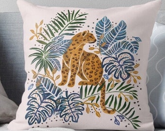 Cuscino leopardo - cuscino modello leopardo, arredamento soggiorno Boho tropicale, cuscino motivo animale, cuscino blu rosa, arredamento per la casa con stampa giungla