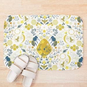 Bee Bath Mat -Honey Bees Shower Rug, Floral Bath Rug, Honeycomb Shower Rug, Yellow Bathroom Decor, Plants Flower and Meadow, Nature Mat,