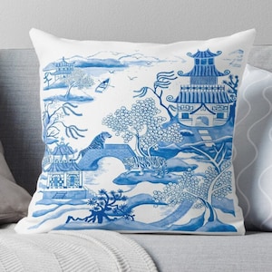 The Willow Pattern Pillow Case - Blue and White Decor, Asian Art Cushion Cover, Chinese Landscape Pillow, Asian Zen Home Decor, Tiger Pillow
