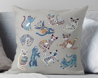 Cats Pillow - Kittens Pillow, Cute Cats Decorative Pillow, Blue Gray Home Decor, Cat Owner Gifts, Living Room Decor, Mother's Day Gift,