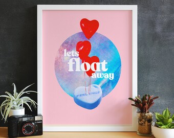 Love Poster, Retro Print,  Bedroom Art, Let's Float Away Print, Vintage Wall Decor, Boho Home Decor, Valentine's Day Gift