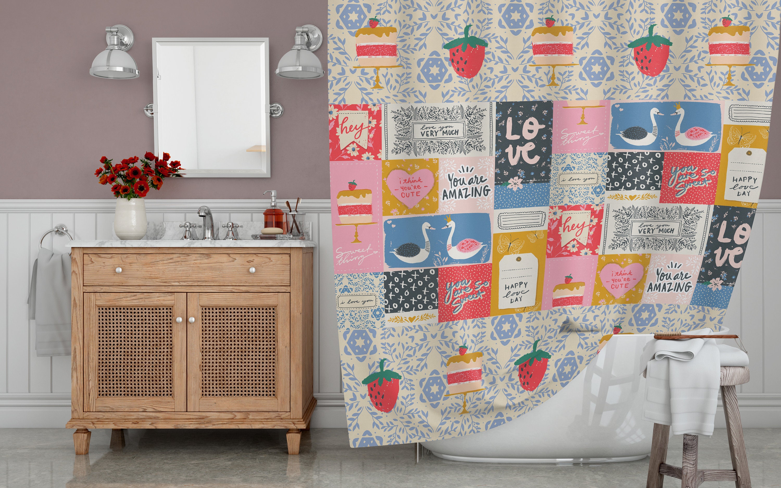 Cute Shower Curtain Boho Shower Curtain Love Theme Decor Etsy