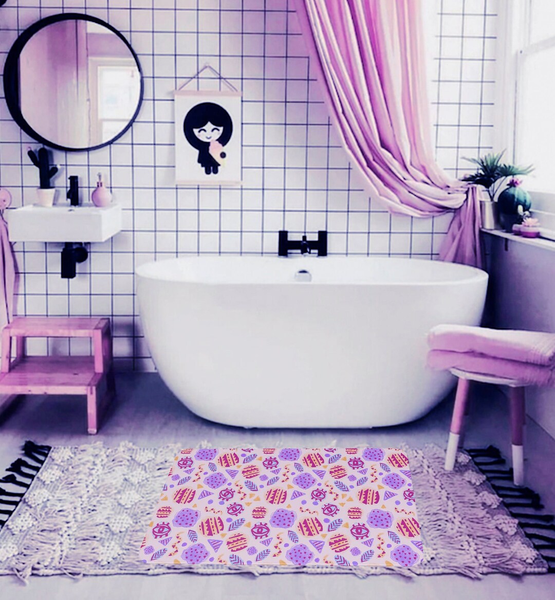 Pink Purple Bath Mat Purple Bathroom Decor, Cute Bathroom Rug, Eyes ...