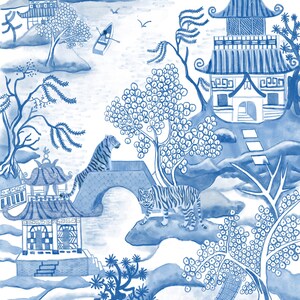 May include: Blue and white watercolor painting depicting a serene landscape with pagodas, bridges, trees, and tigers. A small boat floats on the water, and birds fly in the sky. The artwork has a classic, Asian-inspired aesthetic.