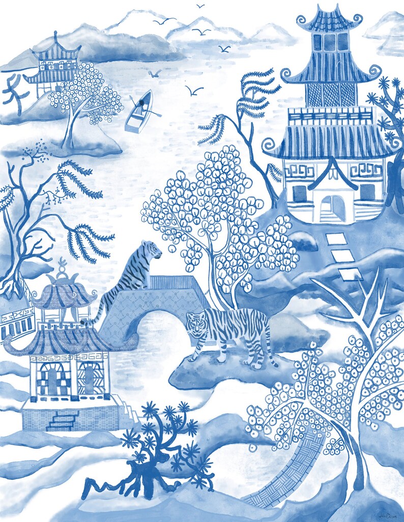 May include: Blue and white watercolor painting depicting a serene landscape with pagodas, bridges, trees, and tigers. A small boat floats on the water, and birds fly in the sky. The artwork has a classic, Asian-inspired aesthetic.