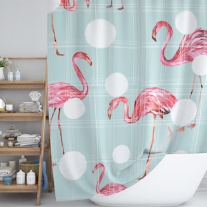 Flamingo Shower Curtain, Bird Shower Curtain, Pink Theme, Bathroom Decor, Flamingo Illustration, Polka Dots Curtain, Teal Bathroom,