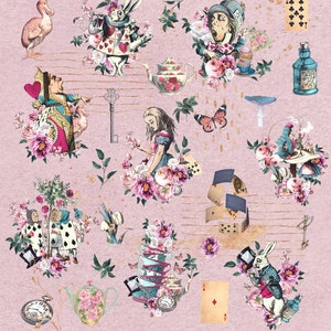 May include: A whimsical illustration featuring characters from Alice in Wonderland, including the Mad Hatter, the Queen of Hearts, the White Rabbit, and Alice herself. The image is set against a pink background with floral accents and gold musical notes.