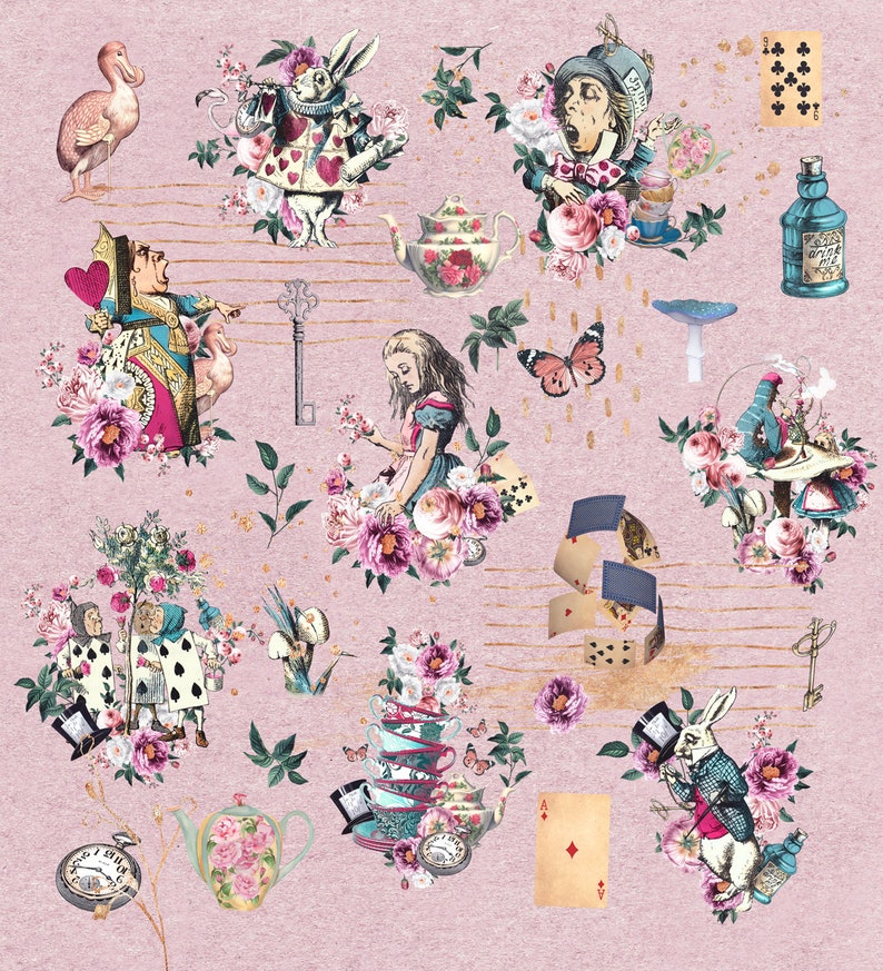 May include: A whimsical illustration featuring characters from Alice in Wonderland, including the Mad Hatter, the Queen of Hearts, the White Rabbit, and Alice herself. The image is set against a pink background with floral accents and gold musical notes.
