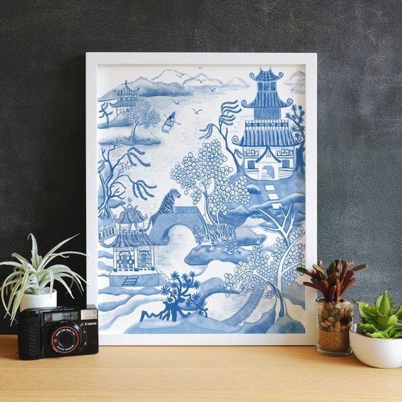 Chinese Painting Art Print- Nature Landscape Poster, Tiger Print, Bedroom Art,  The Willow Pattern, Asian Art, Art Wall Decor, Chinese Art