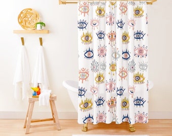 Hamsa Evil Eyes Spirit Shower Curtain - Hippie Bathroom decor, Modern witchy shower curtain with eyes print, Abstract Boho bath curtain