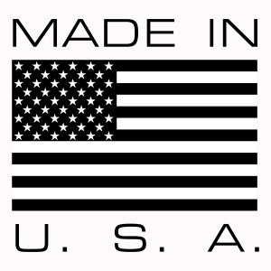 May include: Black and white graphic of the American flag with the words "MADE IN U.S.A." in a bold, sans-serif font. The flag features white stars on a blue field and alternating white and black stripes.