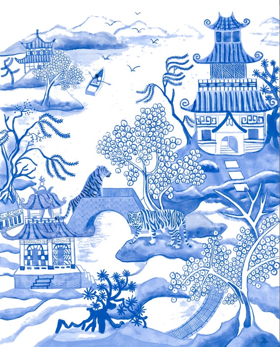 The Willow Pattern Tapestry Blue and White Decor Asian Art Wall Hanging Chinese Landscape Wall Art Asian Zen Home Decor Tiger Etsy Canada