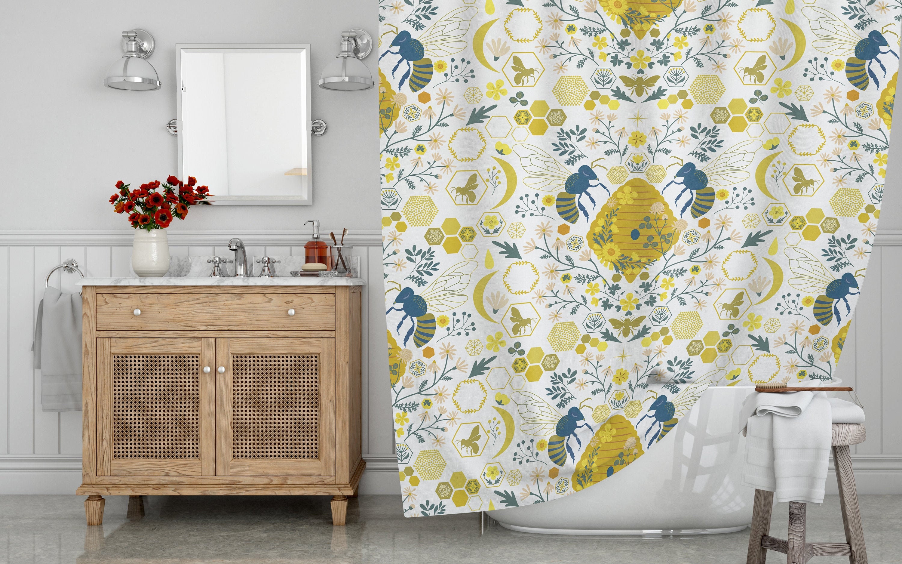 Bee Shower Curtain honey Bees Curtain Floral Bath Tub Etsy