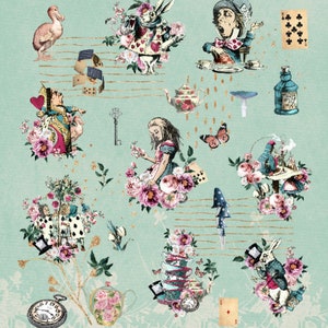May include: A whimsical illustration featuring Alice in Wonderland characters, including the Mad Hatter, the Queen of Hearts, and the White Rabbit. The image is set against a light blue background with floral accents and gold musical notes.