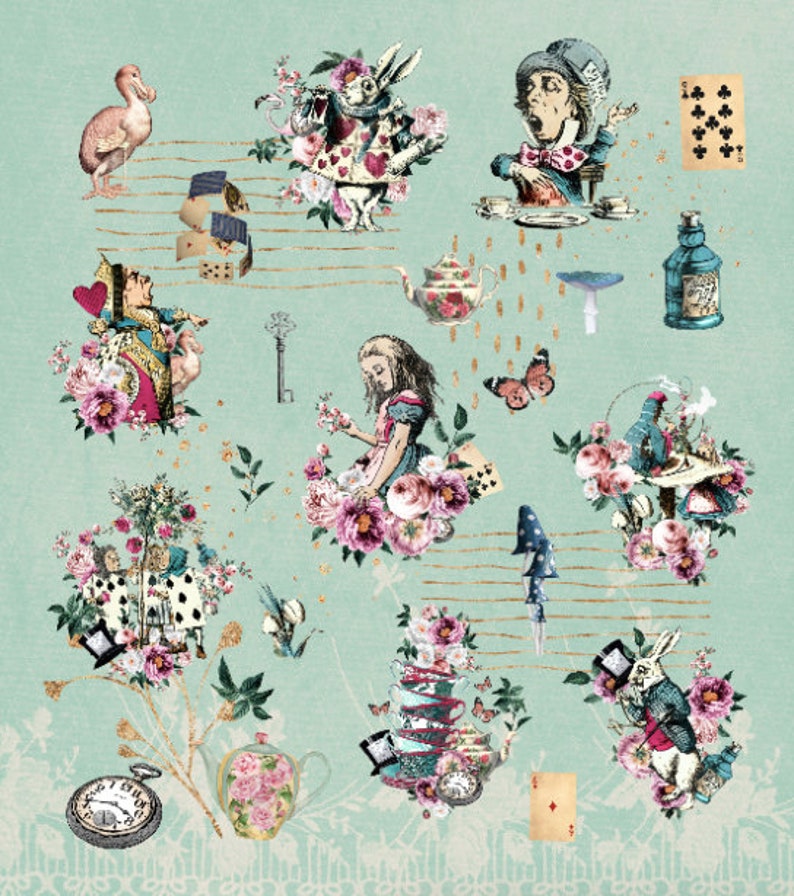 May include: A whimsical illustration featuring Alice in Wonderland characters, including the Mad Hatter, the Queen of Hearts, and the White Rabbit. The image is set against a light blue background with floral accents and gold musical notes.