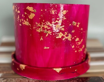 Rose Gold flake Planter| Plant Pot | Cement planter | Home Decor| Plant Trayl | Large Pot| Gold Leaf| Drainage Hole |Abstract Magenta Gold