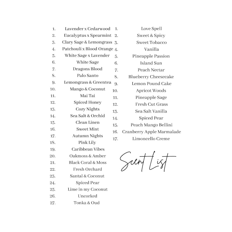 May include: A list of 27 different scents, with names like "Love Spell", "Sweet & Spicy", "Vanilla", and "Island Sun". The list is titled "Scent List".