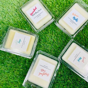 May include: Five clear plastic containers with wax melts inside. The wax melts are labeled with different scents: "Uncorked Black Cherry Merlot", "Autumn Nights", "White Sage", "Hazelnut Latte", and "Sweet & Proud".