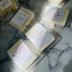 May include: Assortment of soy wax melts in clear plastic containers. The wax melts are hand-poured and come in a variety of scents, including Cranberry Apple Marmalade, Persimmon Tangerine, and Creme. Each melt is labeled with the scent and the words "Soy Wax Melts Hand Poured" and "Non Toxic".