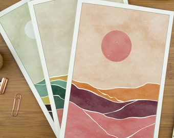 Desert Sun, watercolour art greeting card pack for her, thank you card gift set for mum, three boho designs.