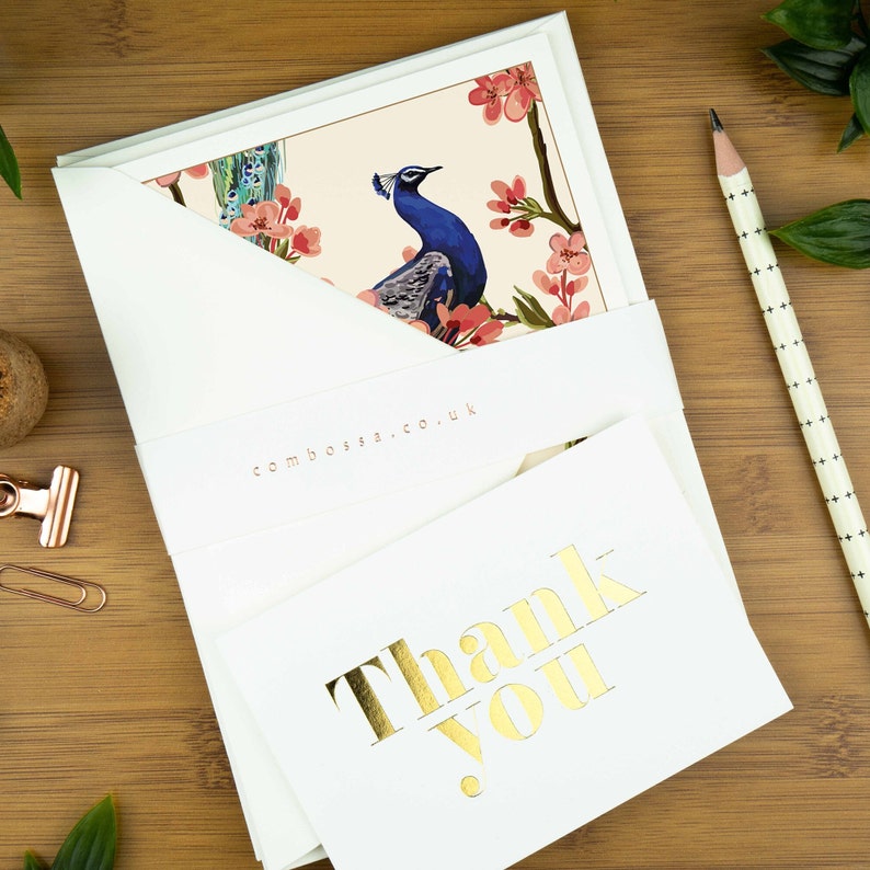 Luxury birthday card for mum, floral blank greeting card pack for women, peacock thank you card set for her, bird note card gift for penpal. image 4