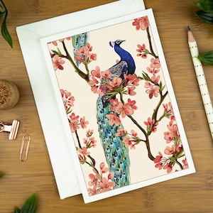 Luxury birthday card for mum, floral blank greeting card pack for women, peacock thank you card set for her, bird note card gift for penpal. image 1