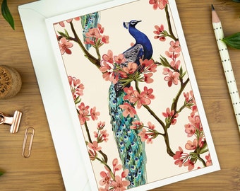 Luxury birthday card for mum, floral blank greeting card pack for women, peacock thank you card set for her, bird note card gift for penpal.