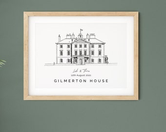 Gilmerton House, wedding venue illustration present, 1st anniversary gift for wife and for husband, wedding venue print gift for fiance.