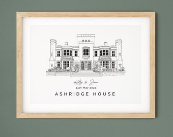 Ashridge House, wedding venue illustration print, personalised 1st anniversary gift for husband or wife, graduation gift.