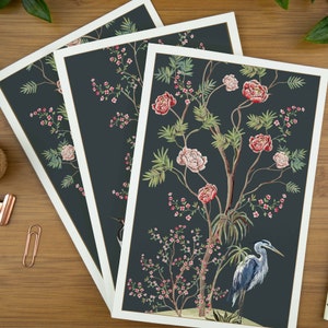 Chinoiserie Print Kunst-Grußkartenset für Sie mit Reiherdrucken, Kranichdrucken und Blütenbäumen.