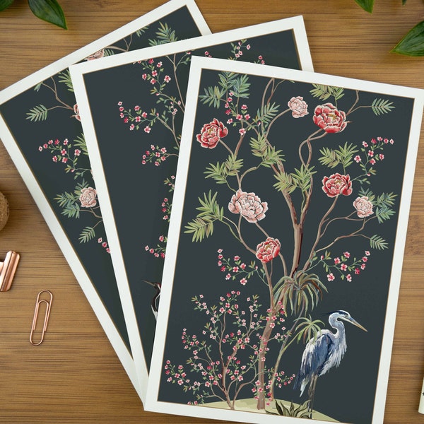 Chinoiserie print art greeting card pack for her, featuring heron prints, crane prints and blossom trees.