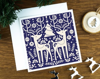 Scandinavian Christmas card, the reindeers on a blue background, Nordic xmas card, happy holidays cards 2022, high quality square cards.