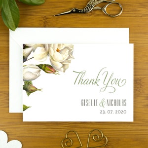 Wedding thank you cards, engagement cards, personalised, 25th anniversary cards, white rose botanic design image 1