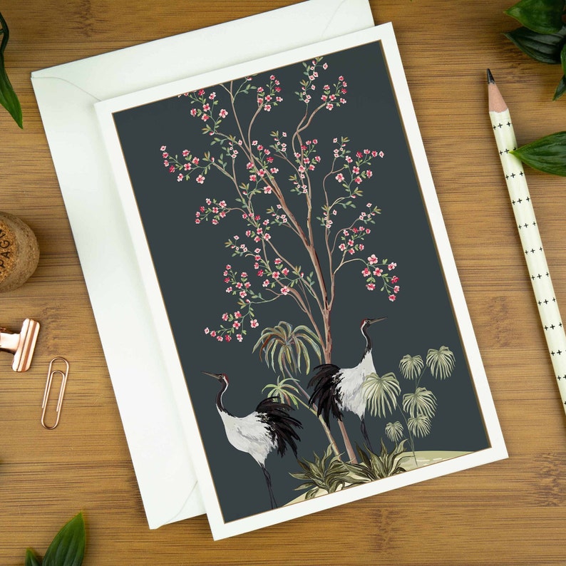 Carte de voeux de luxe, carte d'anniversaire oiseau pour maman, carte d'art pour elle, carte de remerciement chinoiserie, carte de correspondance imprimée grue japonaise, personnalisée image 1
